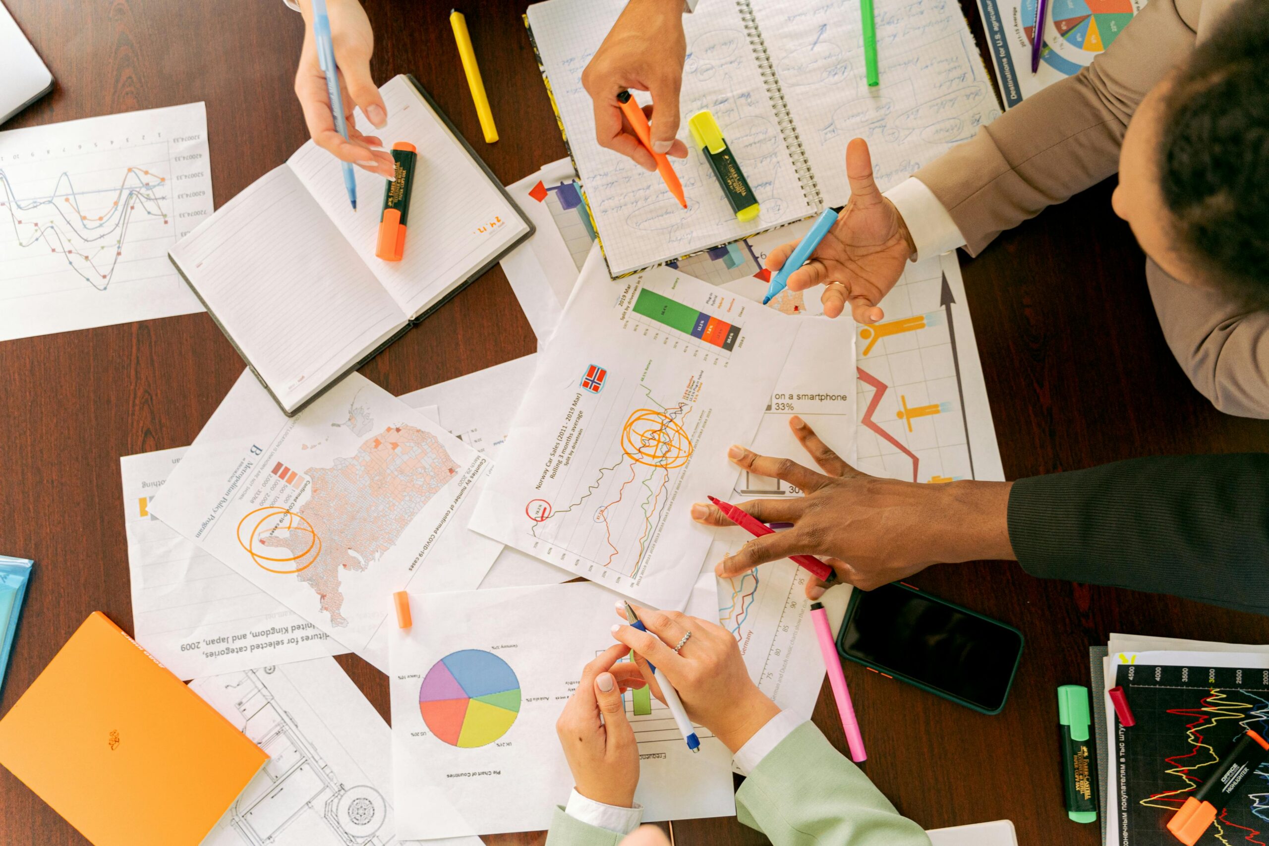 Group planning sessions with paper, graphs, highlighters, and notebooks