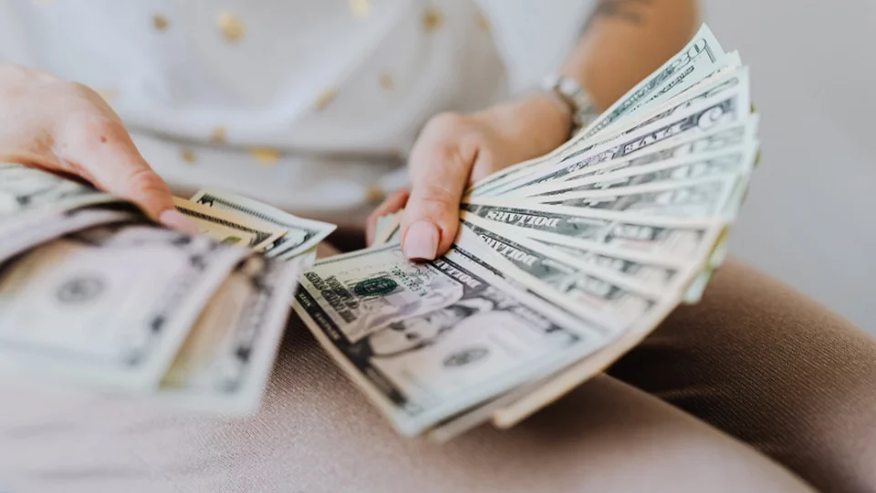 Person holding lots of dollar bills